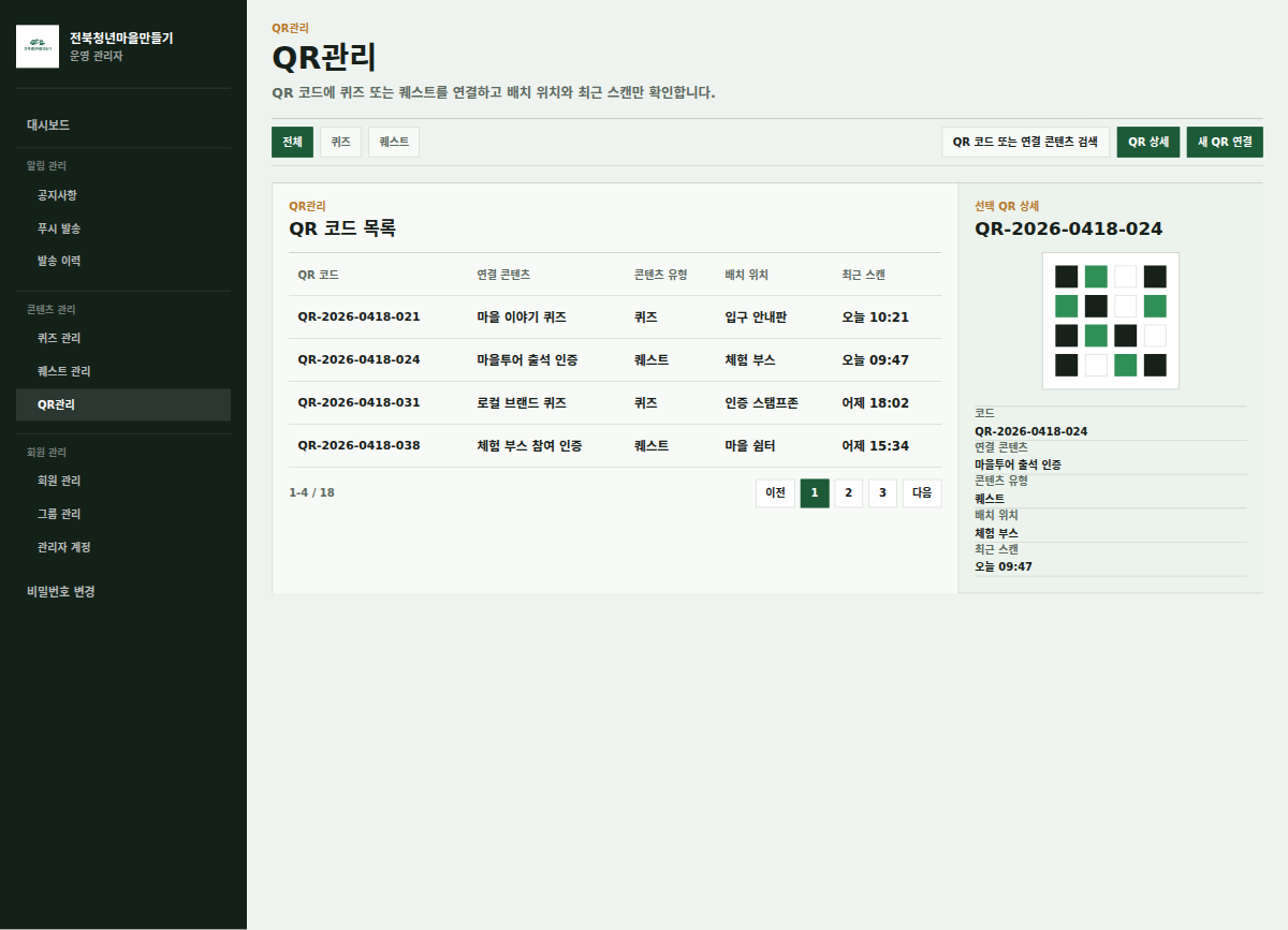 전북청년마을 관리자웹 콘텐츠와 QR 관리 포트폴리오 상세 이미지