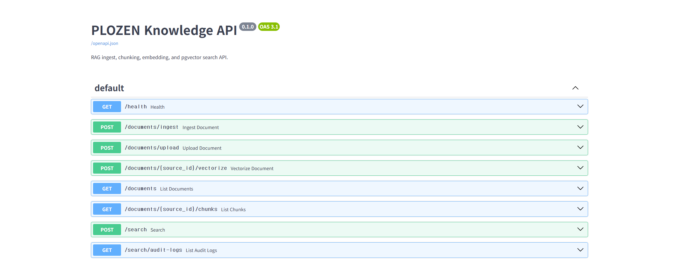 PLOZEN Knowledge API FastAPI OpenAPI 문서 endpoint 목록 캡처