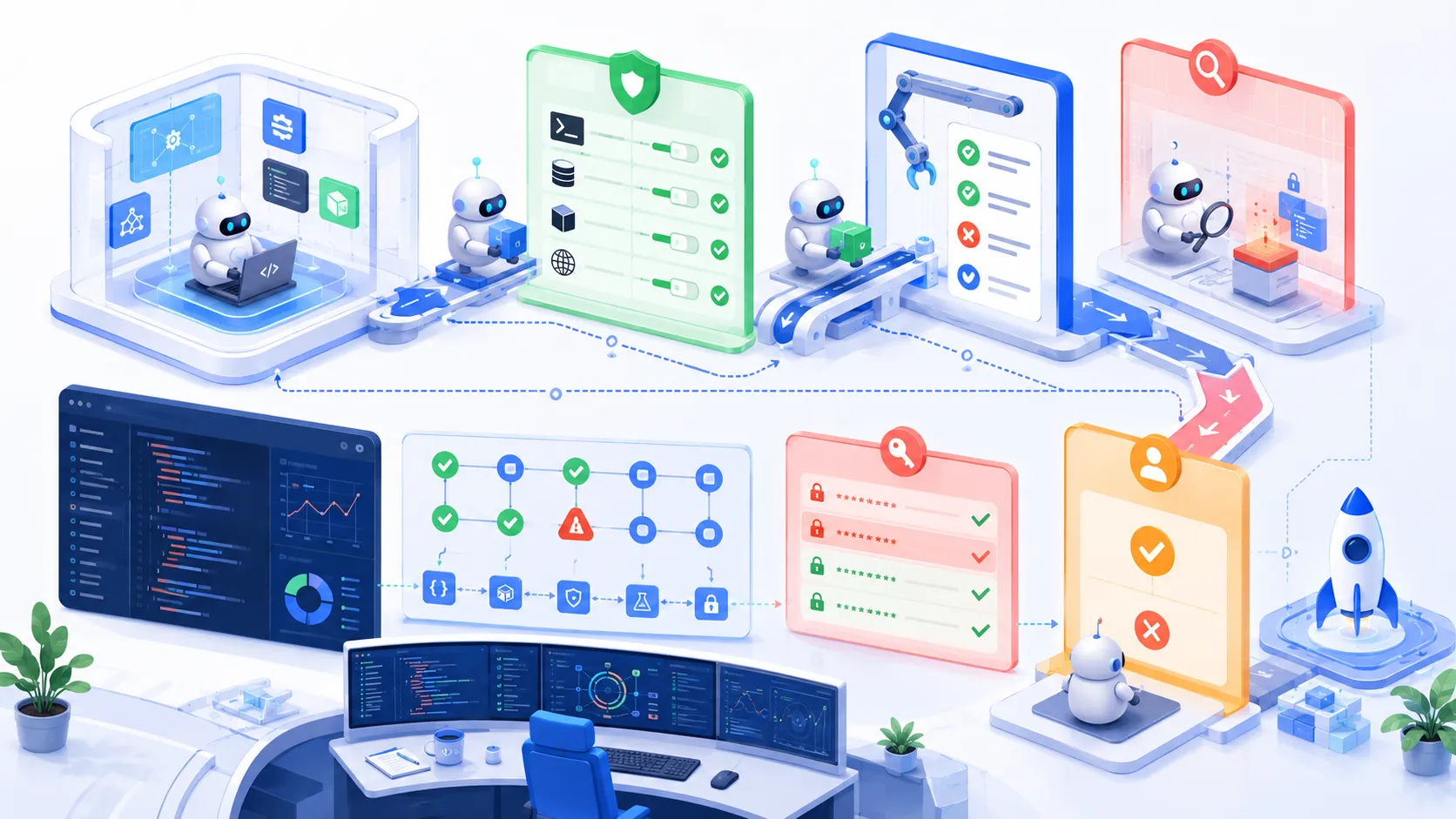 AI 코딩 에이전트 작업장이 샌드박스, CI 체크, 시크릿 스캔, 승인 게이트로 나뉜 구조