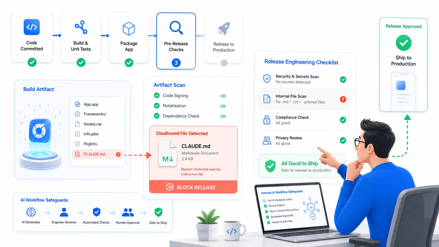 Technical illustration of an AI release checklist catching Claude MD files before an iPhone app production build ships
