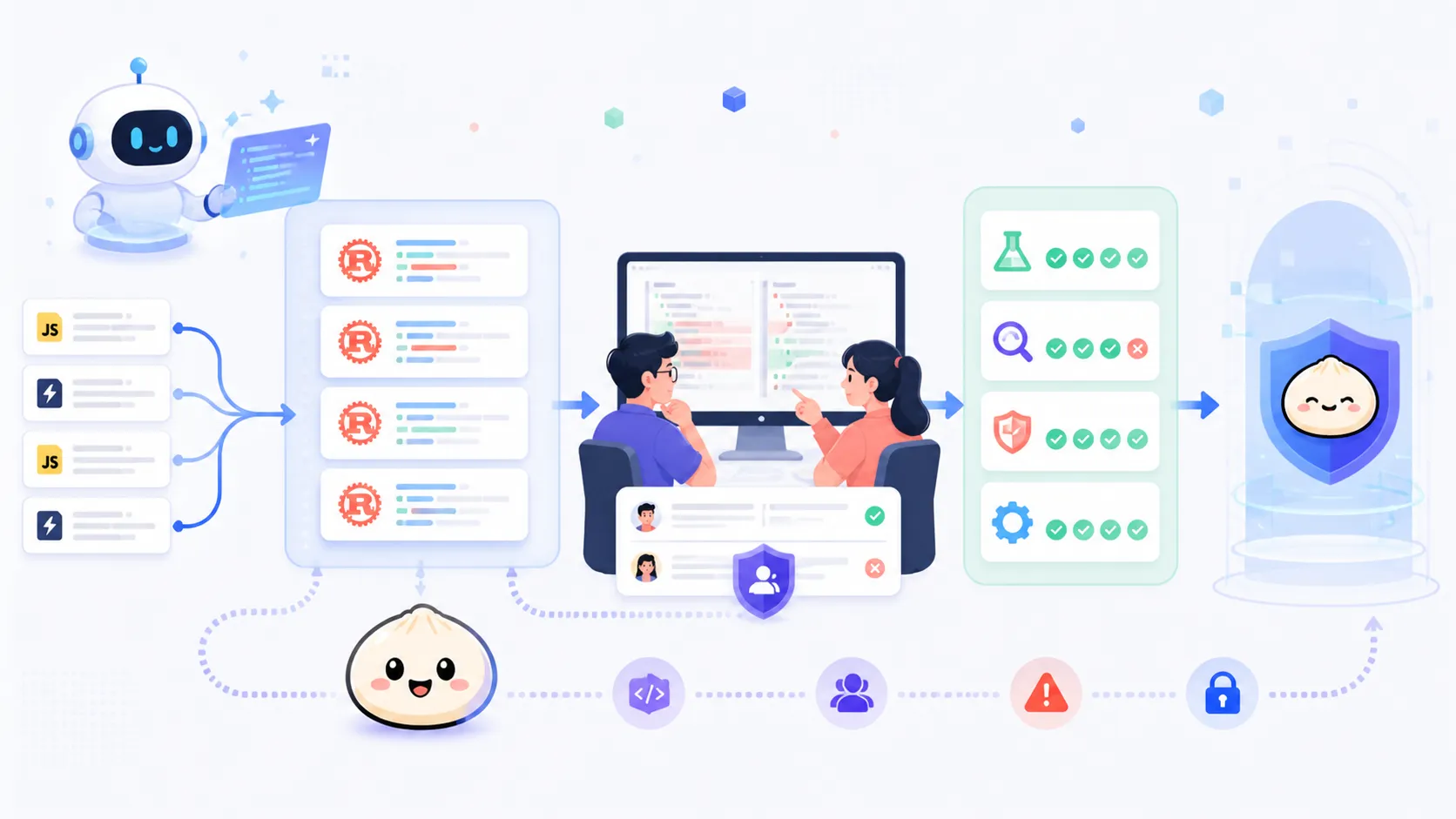 Bun Rust port review workflow showing AI generated modules, human reviewers, tests, and runtime safety gates