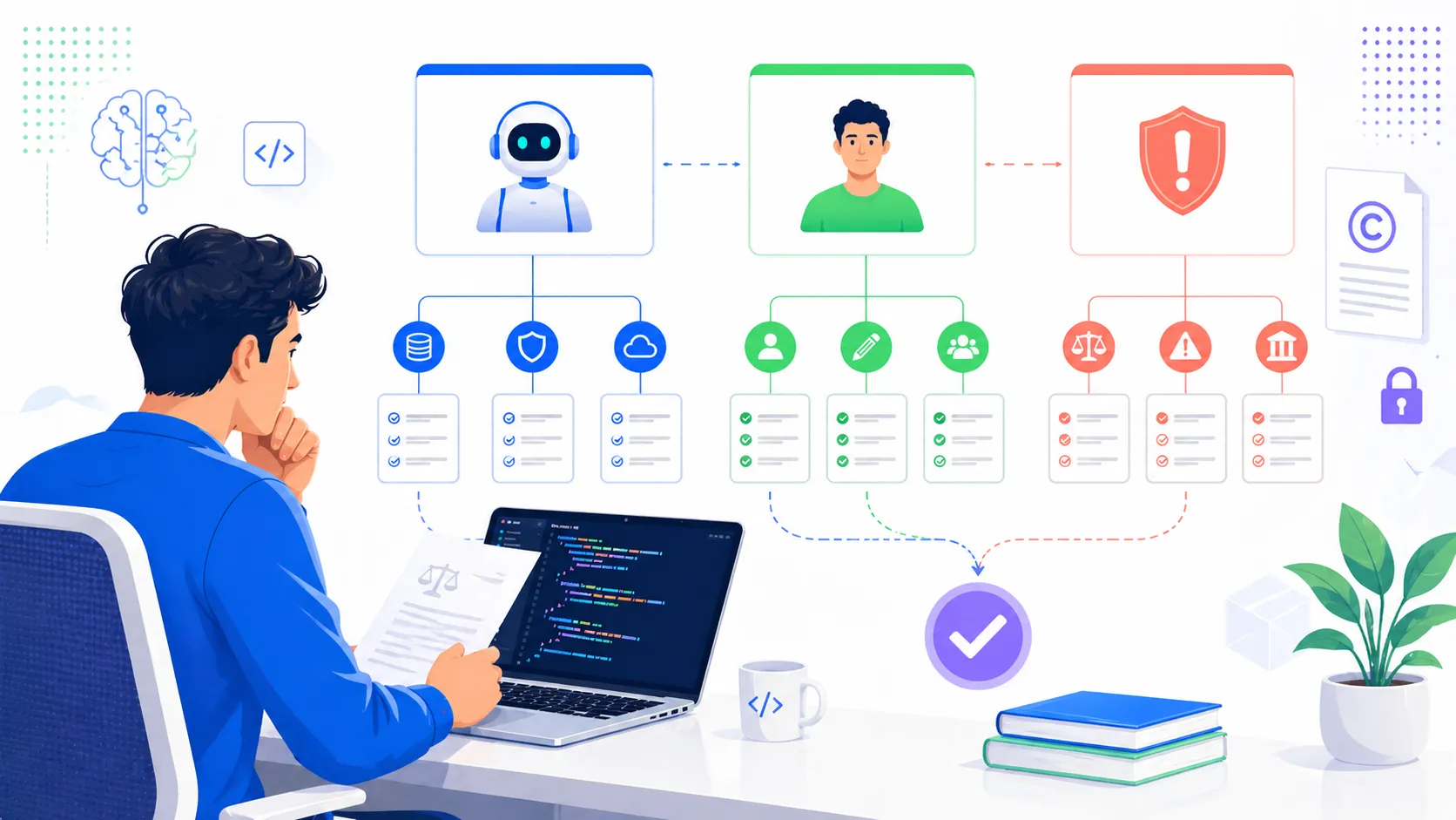 Bright AI code ownership diagram comparing Anthropic output rights, human authorship rules, and software shipping risk