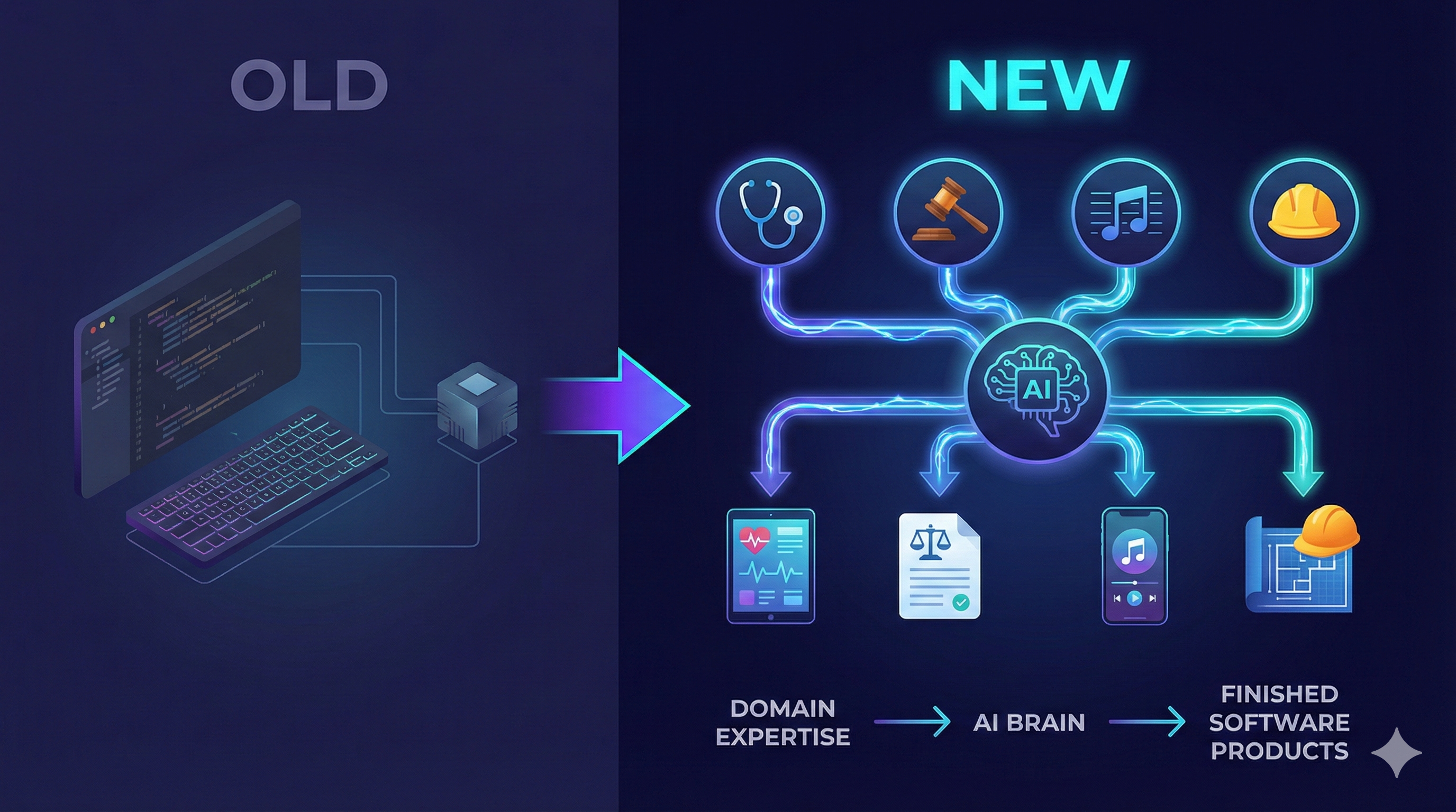 도메인 전문가에서 AI를 거쳐 소프트웨어로 — 패러다임 전환 다이어그램