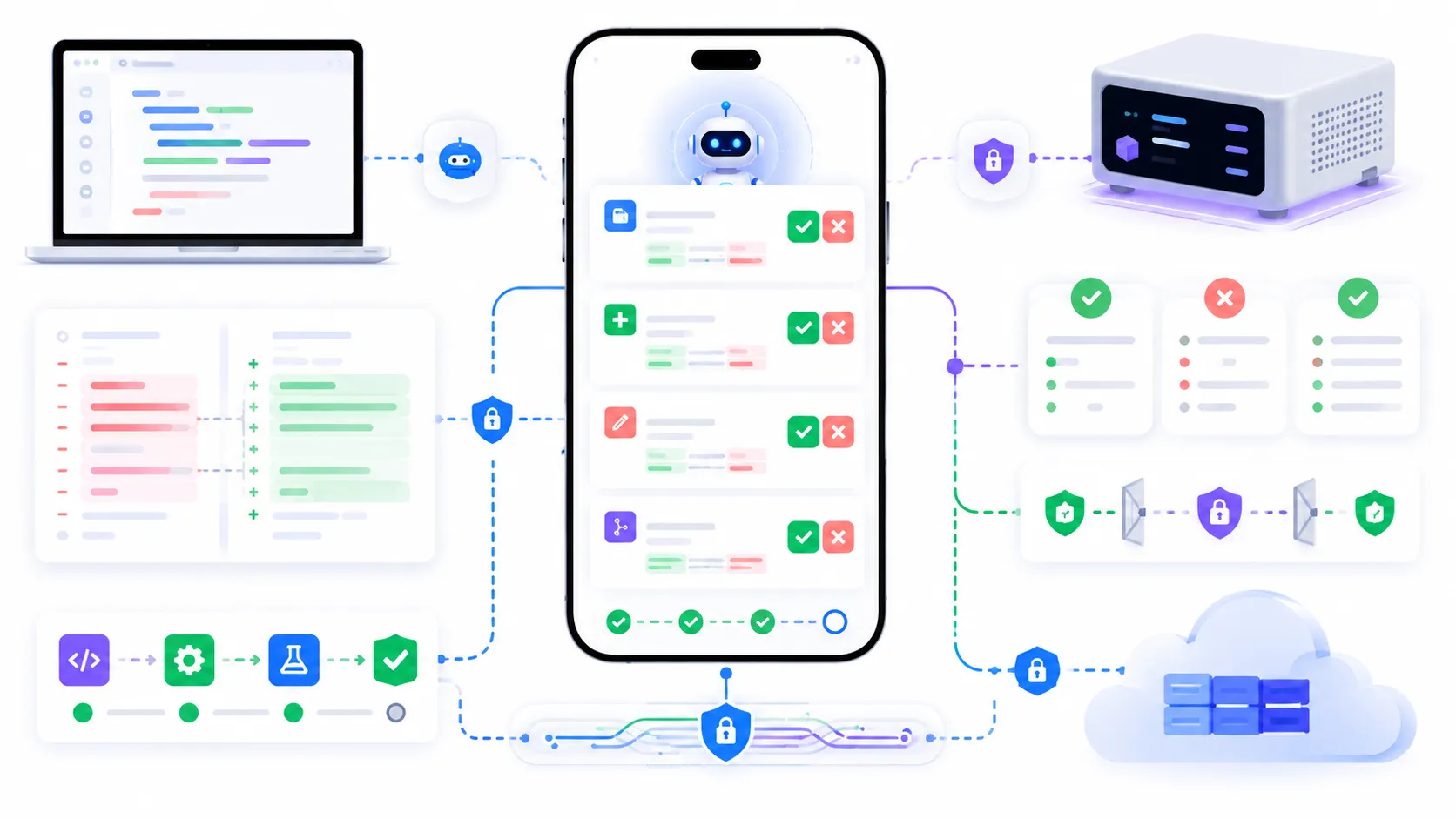 Codex mobile approval flow with diffs tests permissions and secure relay in a bright workspace