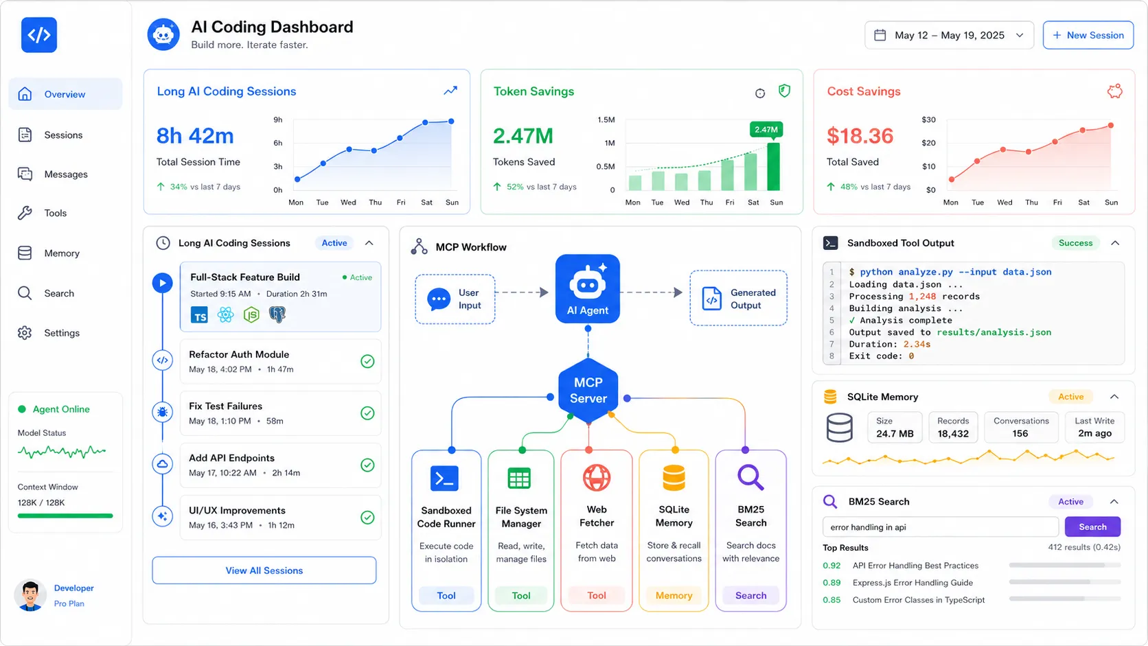 Developer dashboard showing context savings metrics and longer AI coding sessions after sandboxed MCP execution