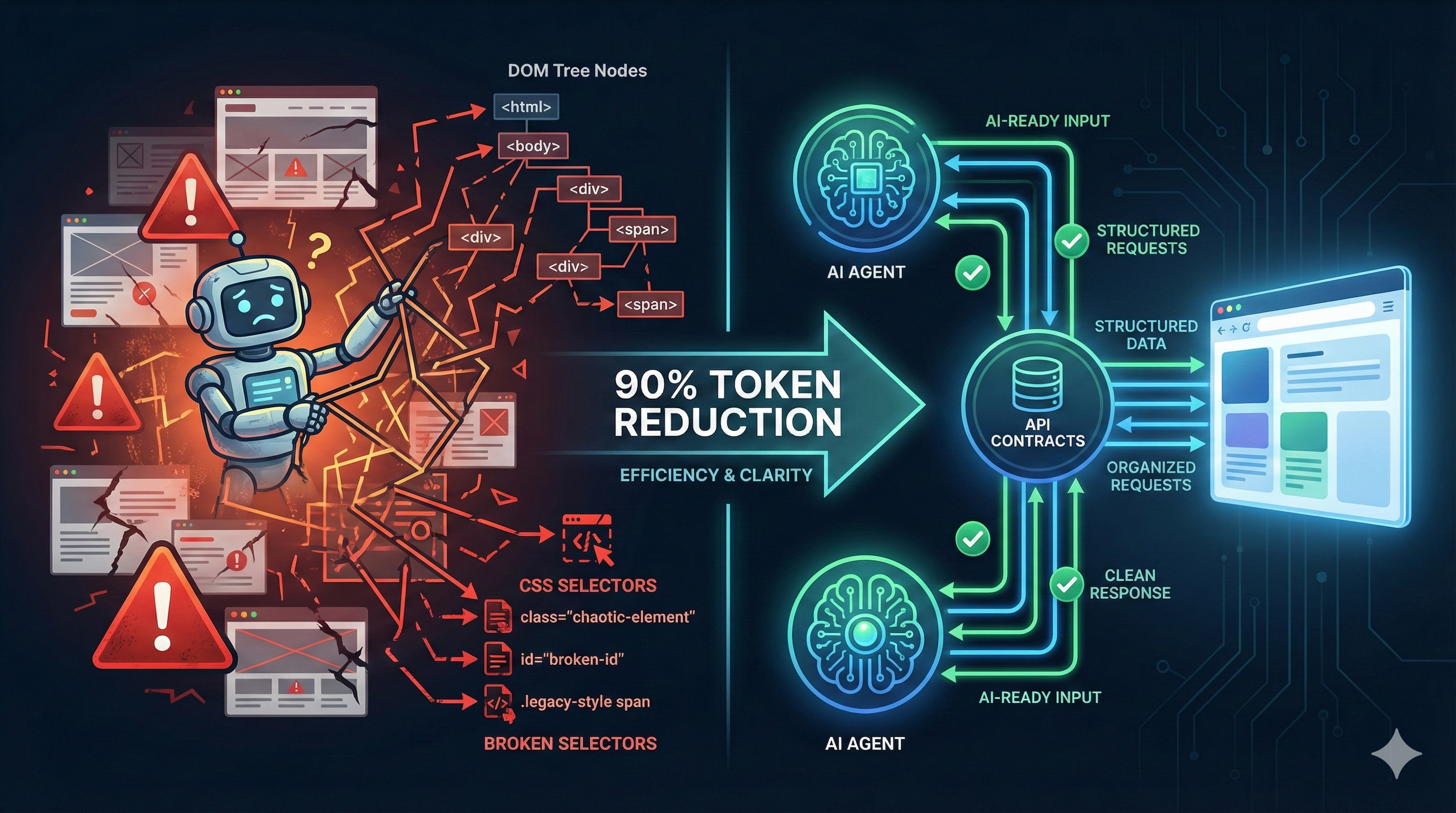 WebMCP 아키텍처 다이어그램 — 브라우저 내 AI 에이전트와 웹사이트 간 구조화된 통신