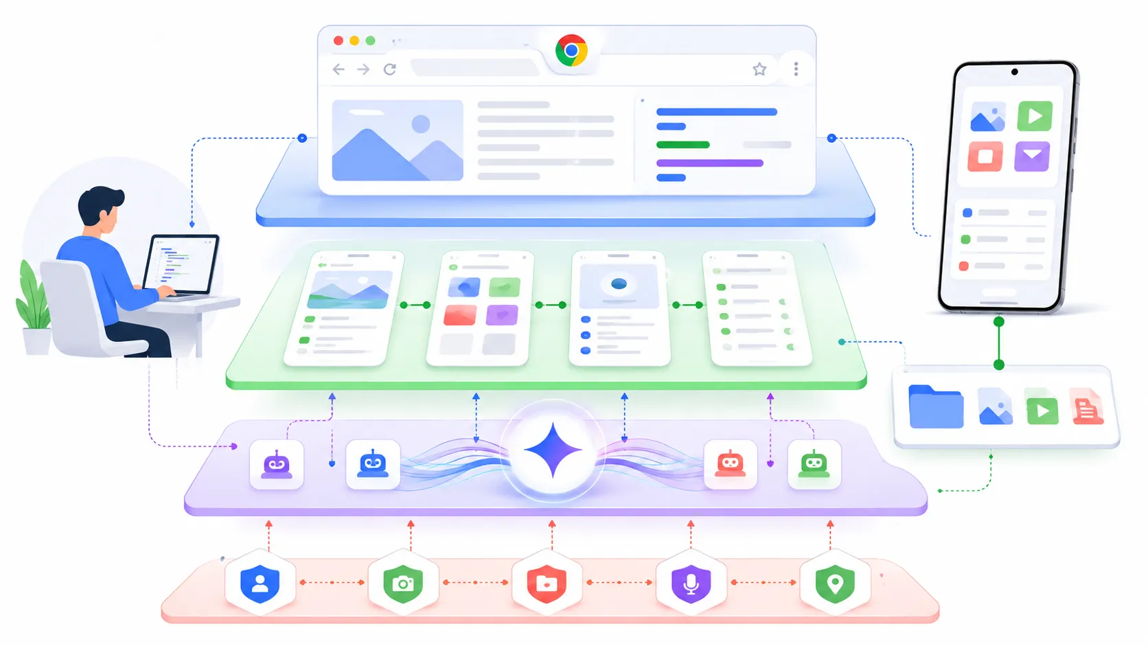 Googlebook developer workflow diagram with Android apps browser and Gemini automation