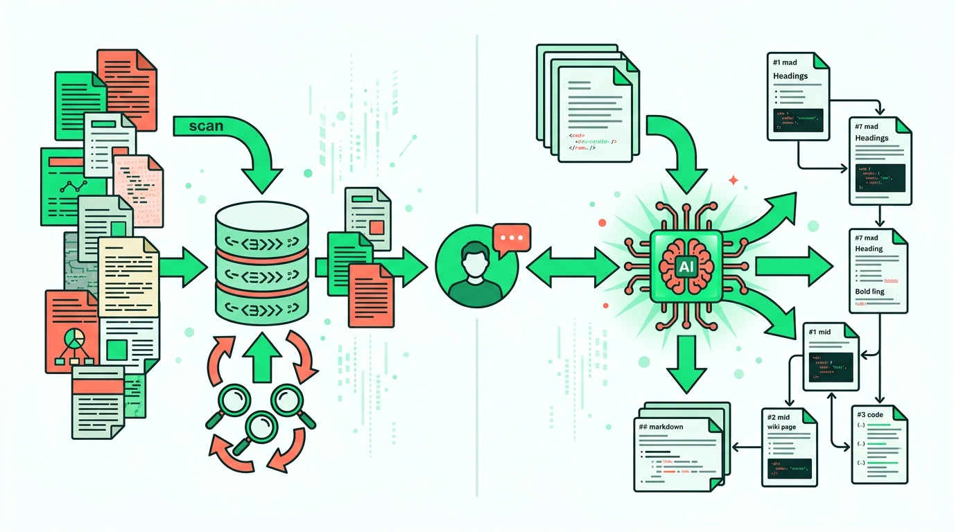LLM 지식베이스 컴파일 구조 — raw 디렉토리에서 구조화된 마크다운 위키로 변환되는 과정