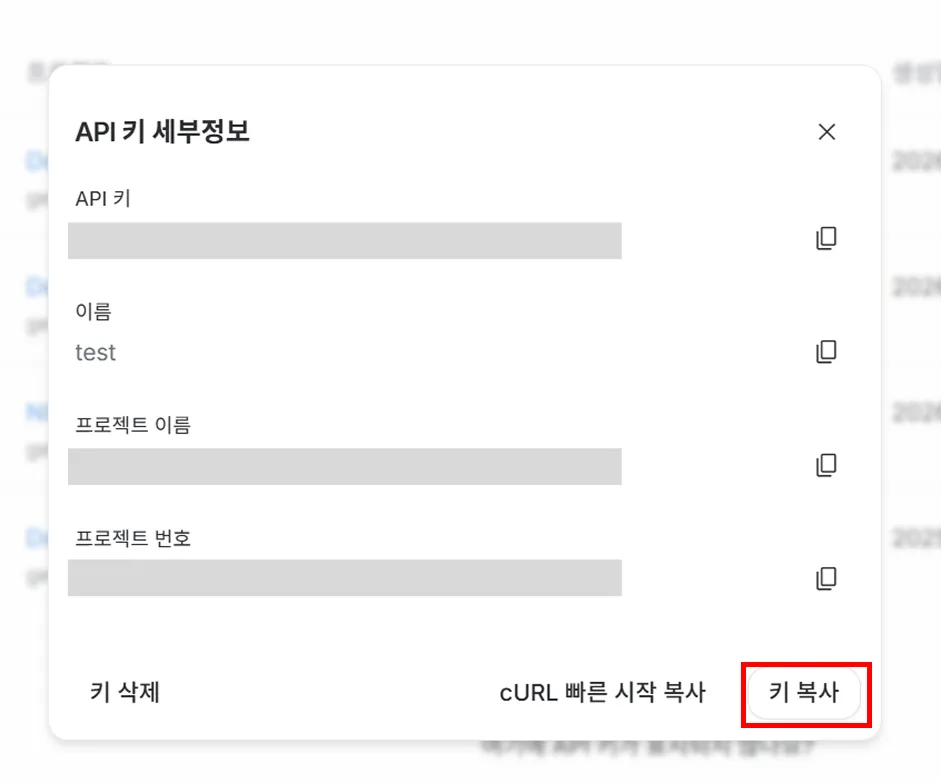 Gemini API 키 세부정보와 키 복사 버튼