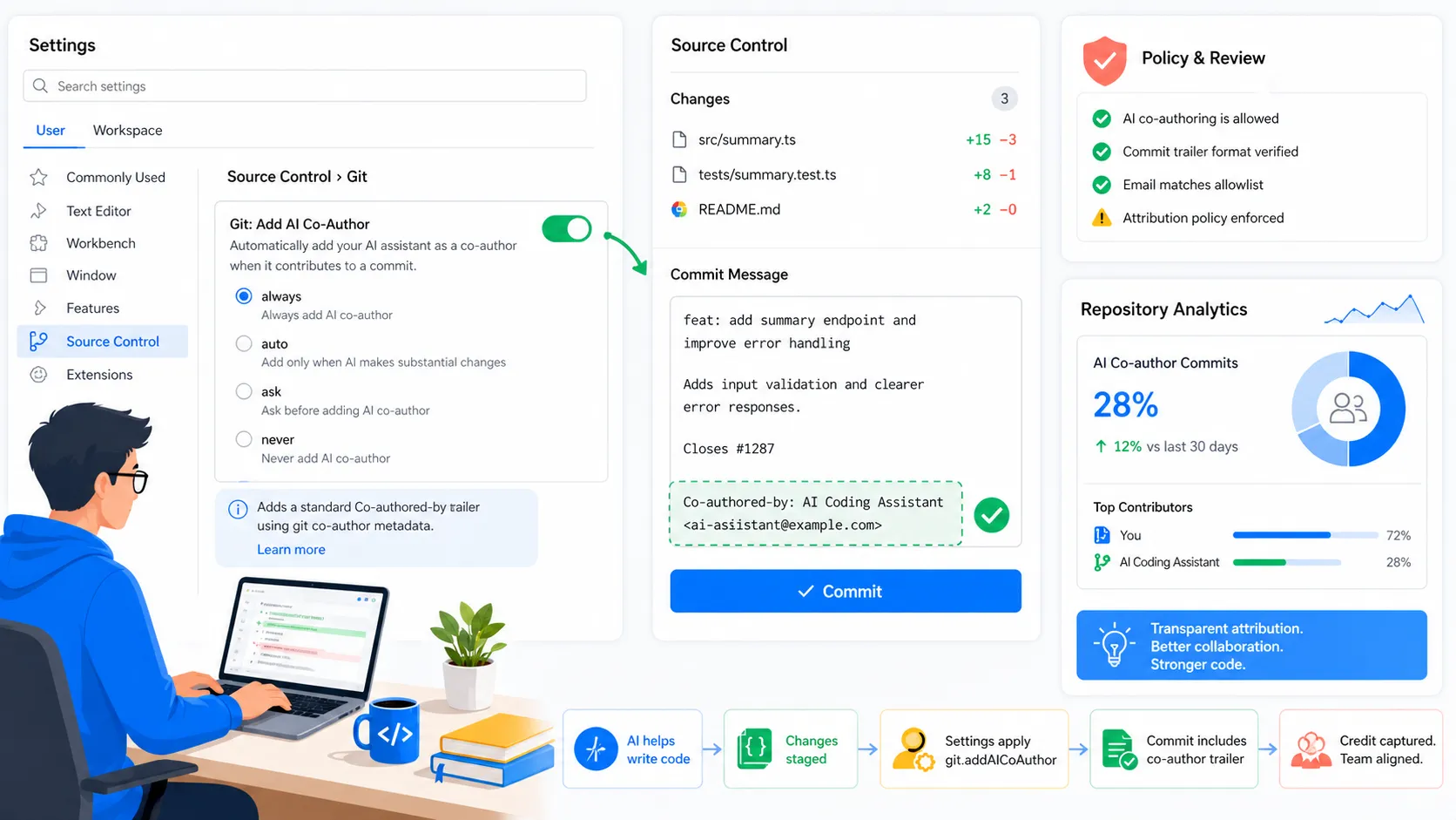 Developer reviewing VS Code settings where git addAICoAuthor is set to chatAndAgent beside a commit preview