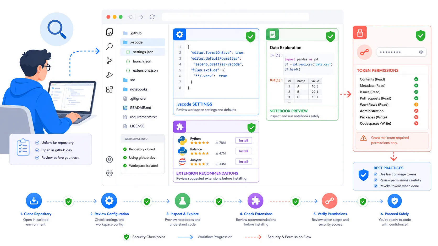 github.dev와 VS Code 확장 보안을 점검하는 개발자 워크플로우 일러스트