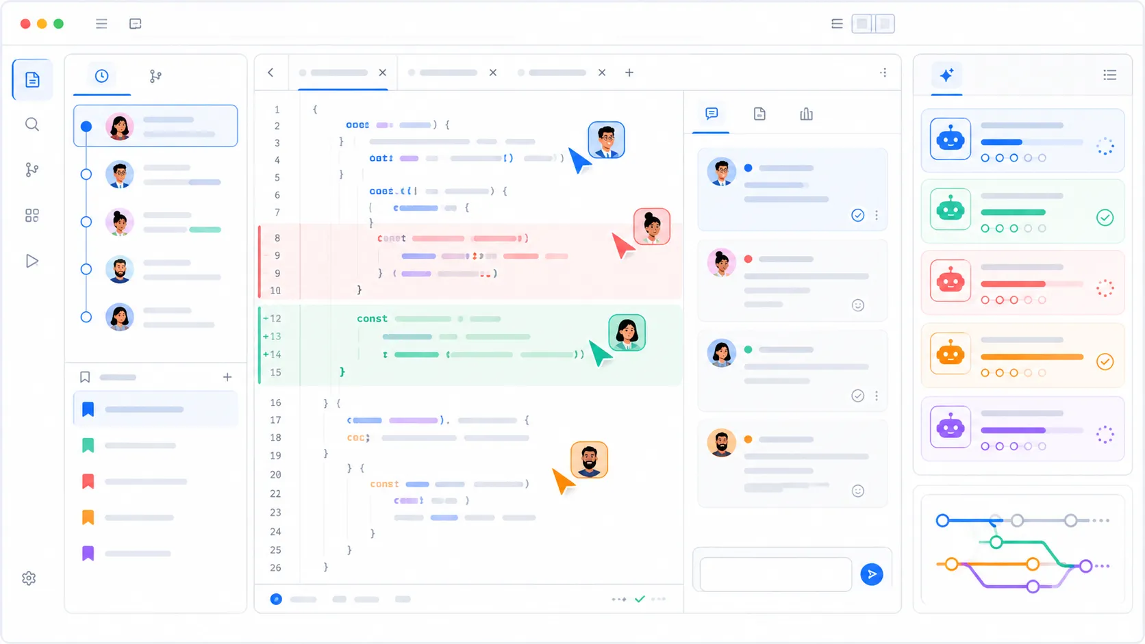 Zed 1.0 Git workflow with commit view bookmarks and AI agent tasks on a bright desktop